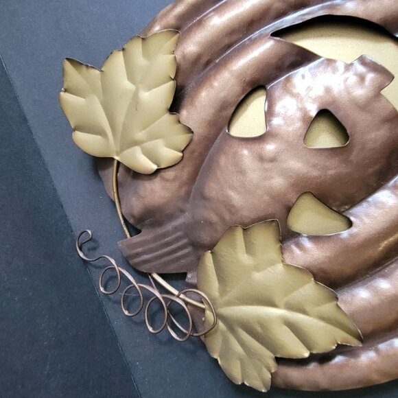 Metal Pumpkin Wall Art With Leaf Accents & Rustic Finish - 12" x 9" - Picture 3 of 6